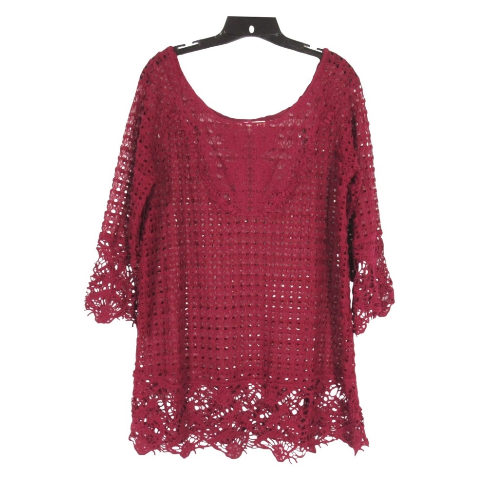 UMGEE Dark Red EYELET LACE Scalloped Hem 3/4 SLEEVES Blouse/Tunic Top Sz L